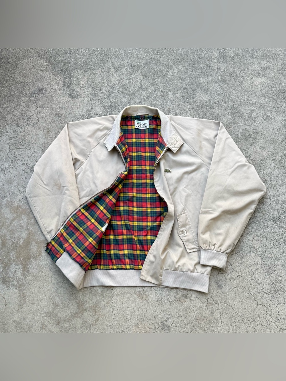 Vintage Distressed LACOSTE Flannel Lined Harrington Cream Jacket